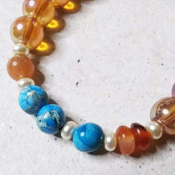 Mixed Media ~ Beaded Bracelet 7" Wrist! Aqua Sea Sediment Jasper, Orange Agate - Picture 6 of 8